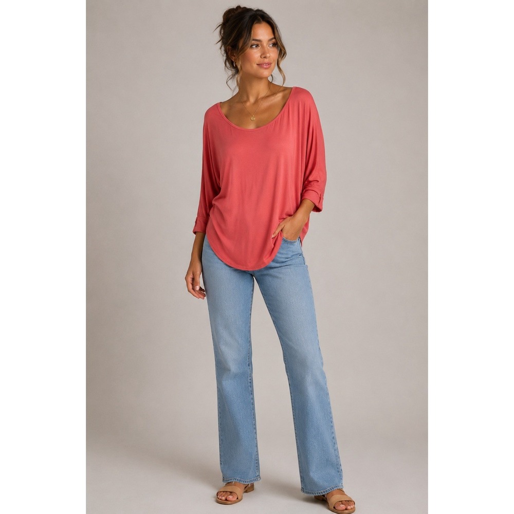 NUX Women Large Coral Orange 3/4 Sleeve Yoga Athleisure Gym Activewear Top